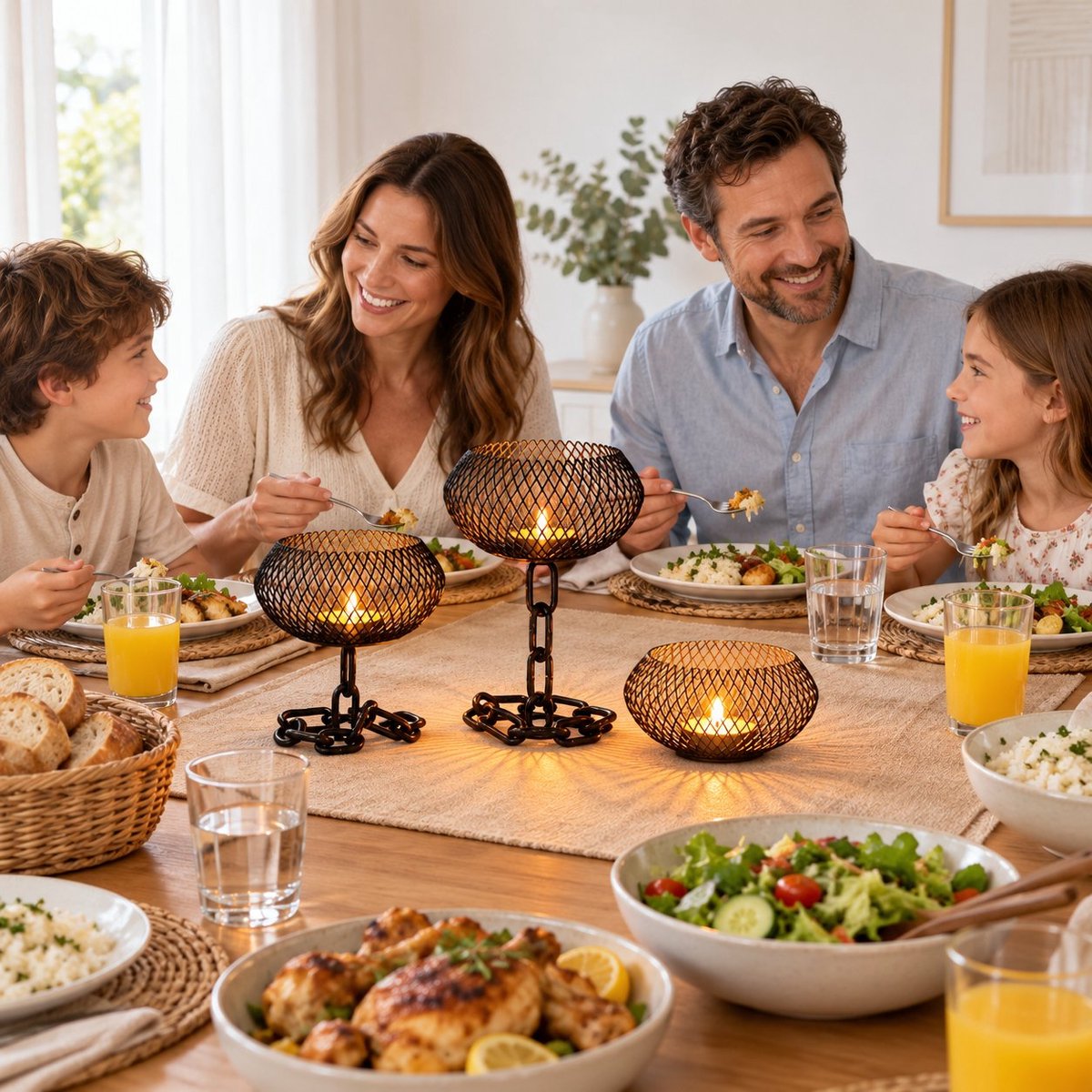 R&H® Vintage ijzeren kandelaar set van 3 - Industriële metalen gaas theelichthouders met kettingbasis - Decoratieve tafelkandelaars voor woonkamer en eettafel - Zwart