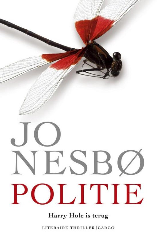 Boek 'Politie' met een rode en witte libel op de voorkant. De titel is 'Jo Nesbø Politie'.