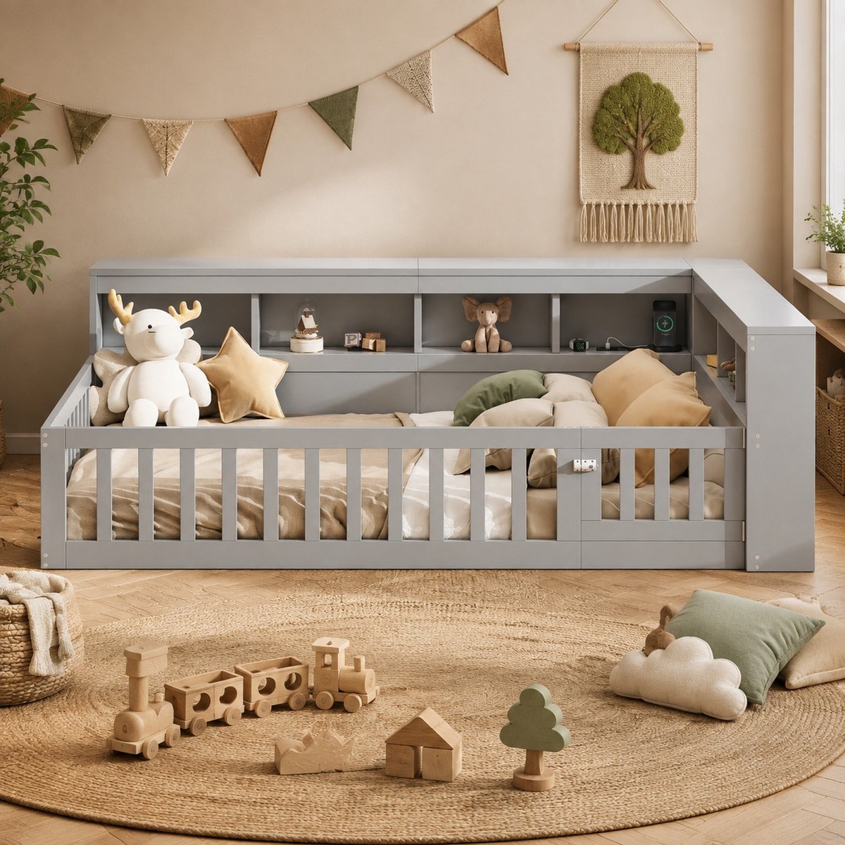 WUVRIE Bedbank 140x200 cm met lattenbodem, opbergruimte, USB en uitvalbeveiliging, grijs