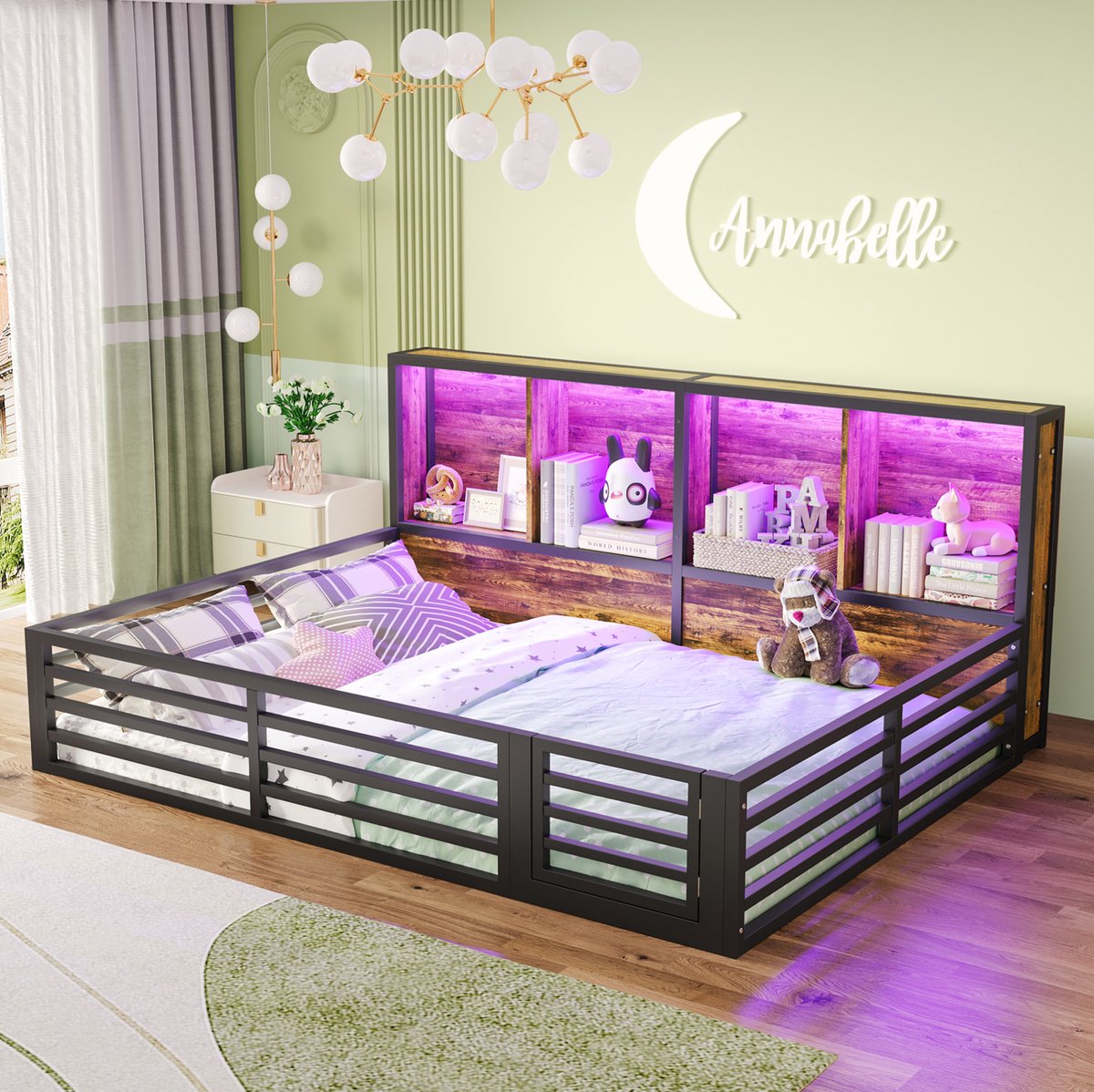 WUVRIE Bedframe 140x200 cm met lattenbodem, opbergvakken, uitvalbeveiliging en LED, zwart