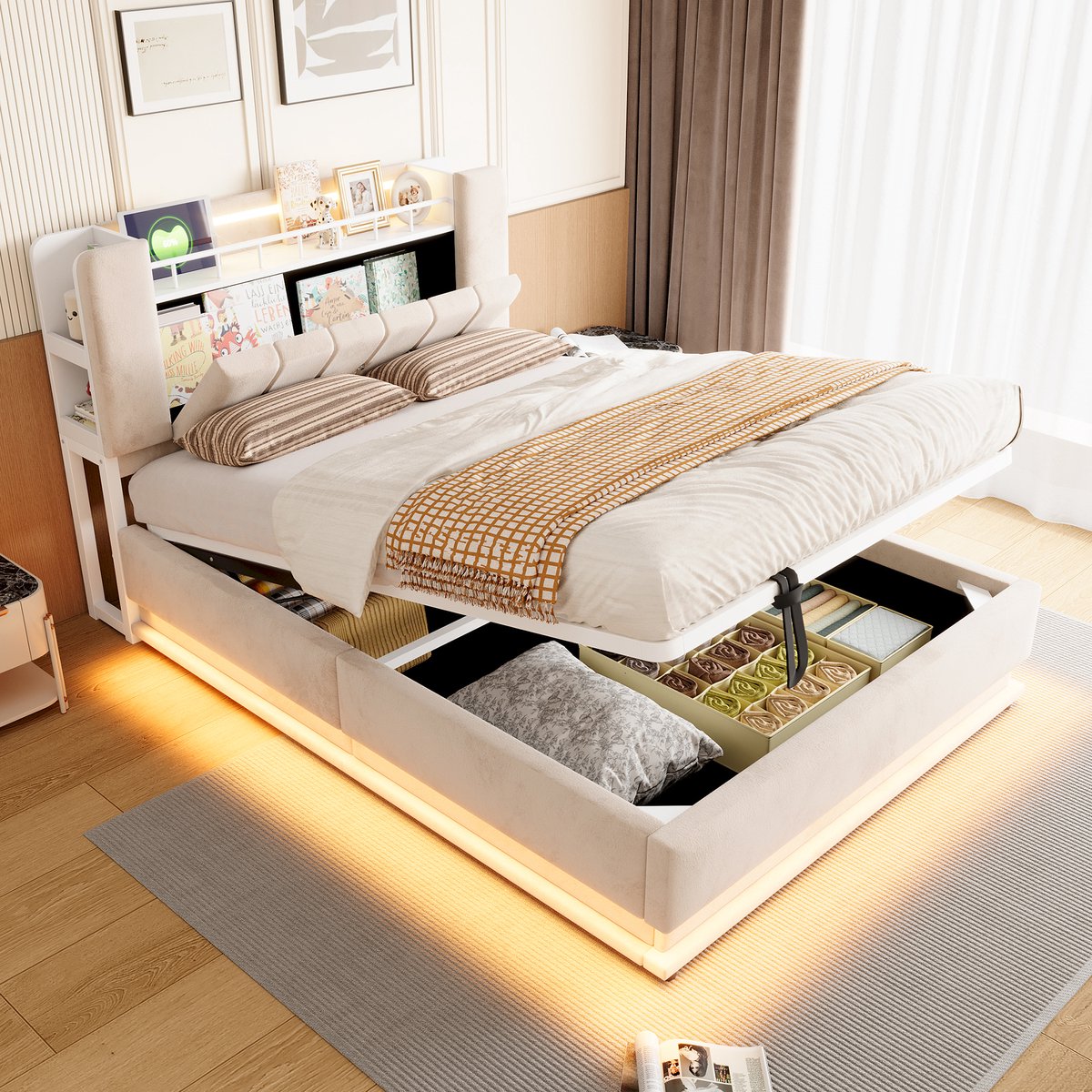 OKWISH Gestoffeerd Bed 140x200 cm – Ledverlichting En USB-Aansluitingen – Hydraulische Opbergruimte – Zonder Matras – Fluweel En Metaal – Beige
