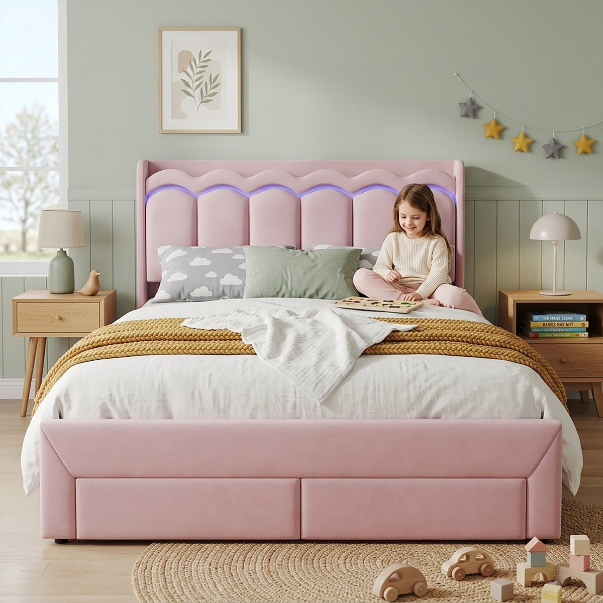 STILVORA Kinderbed 140x200 cm – Golfvormig Hoofdbord Met Ledverlichting Via App – 2 Lades Voor Kinderkamer – Fluweel – Zonder Matras – Roze