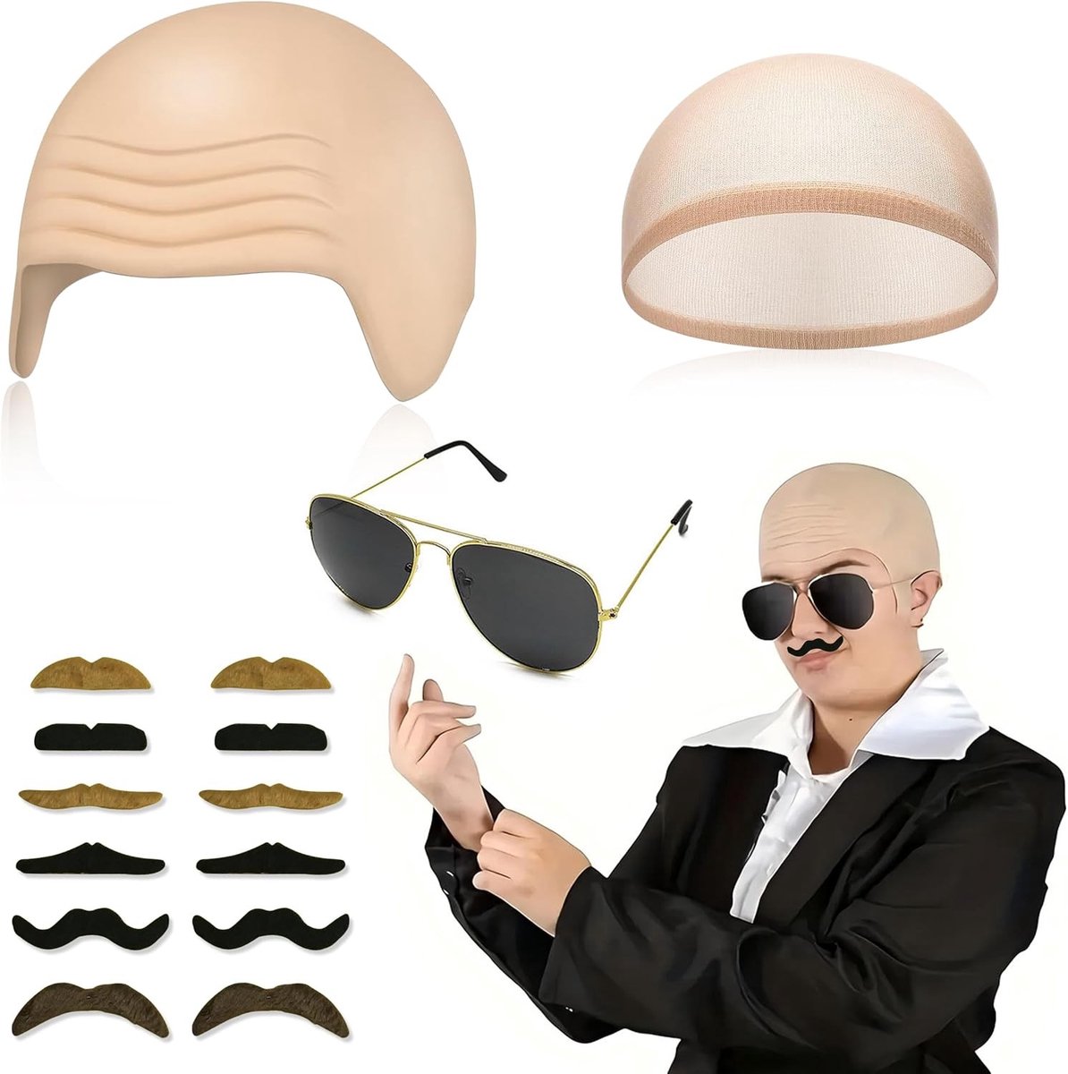 4 Stuks Latex Kaal Hoed, Kaal Hoofd Peruk Cap met Zonnebril, Elastisch Haarnet en Nep Snor voor Halloween, Cosplay en Carnaval Accessoires
