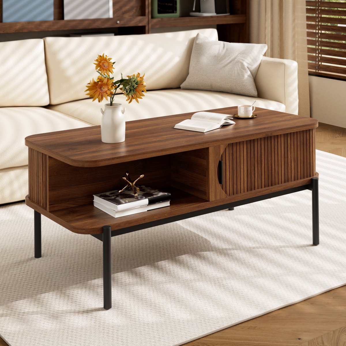 MIVRAY Salontafel - Rechthoekig Met Schuifdeuren En Opbergruimte - Voor De Woonkamer - MDF In Walnootkleur - 100 x 45 x 43 Cm