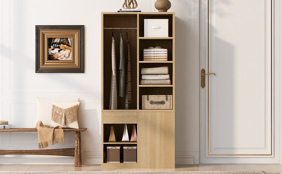 MIVRAY Kledingkast - Met Hanggedeelte Lades En Open Vakken - Voor Slaapkamer Kinderkamer Of Kleine Woning - MDF Multiplex - 70 x 50 x 170 Cm - Houtkleur Wood