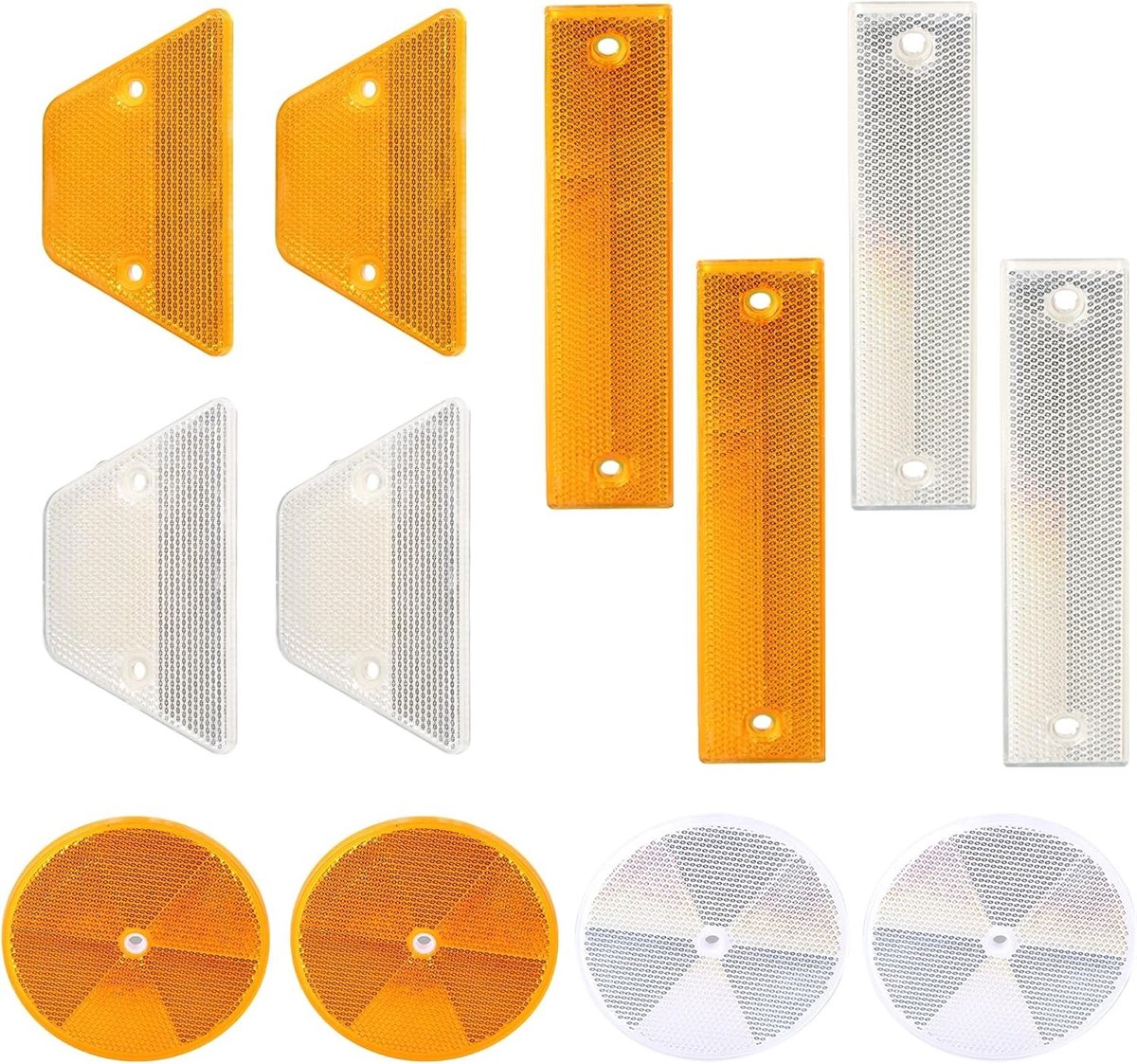 Retro reflector set van 12 stuks met 3 vormen: rechthoekig, trapezium en rond, motorreflectoren in geel en wit, hoog reflecterend acrylmateriaal met voorgedrukte gaten voor eenvoudige installatie.