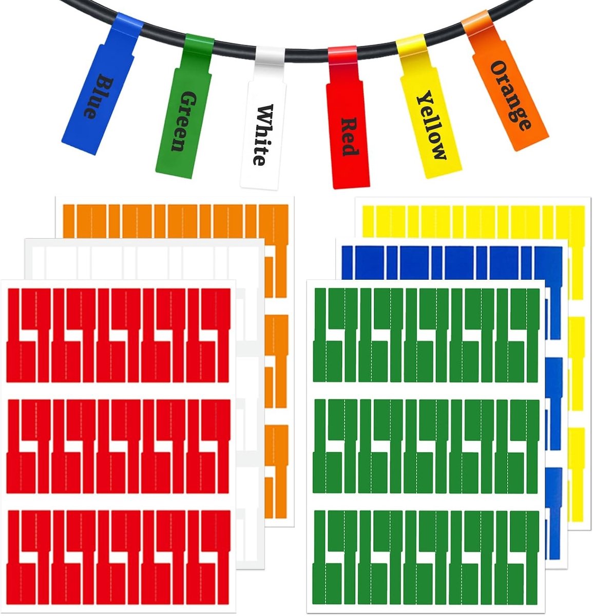 Set van 180 Zelfklevende Kabellabels in 6 Kleuren voor Elektronica, Organisatie en Identificatie van Stroomkabels