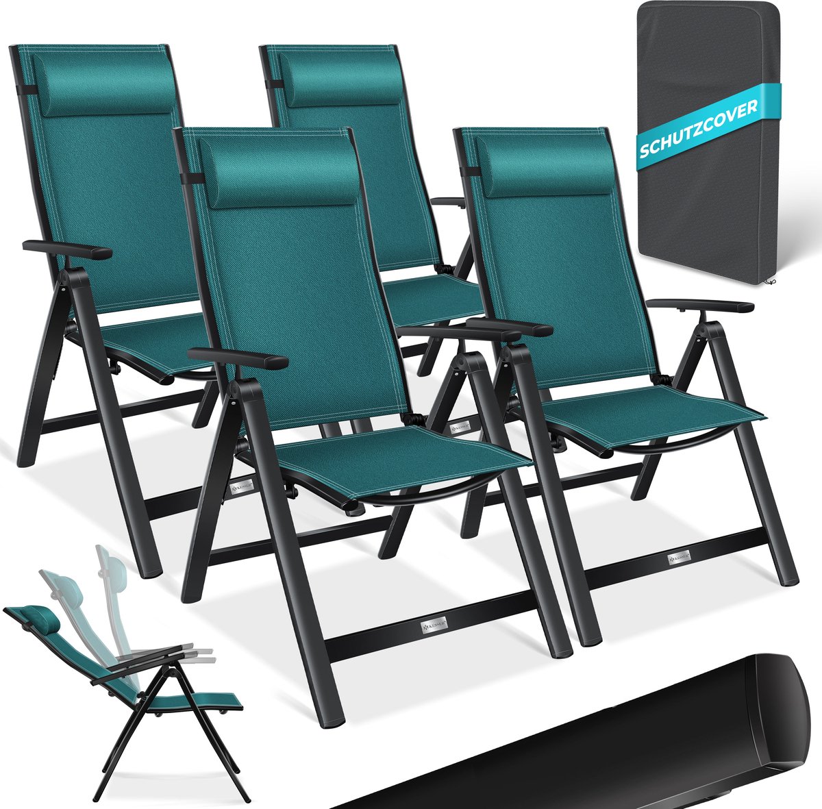 KESSER® Tuinstoel hoge rugleuning - aluminium klapstoel met hoofdkussen, 7-voudig verstelbaar - petrol - set van 4