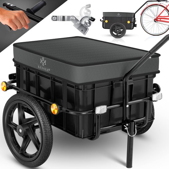 Zwarte fietskar met grijze, waterafstotende hoes. Fiets en opties getoond.