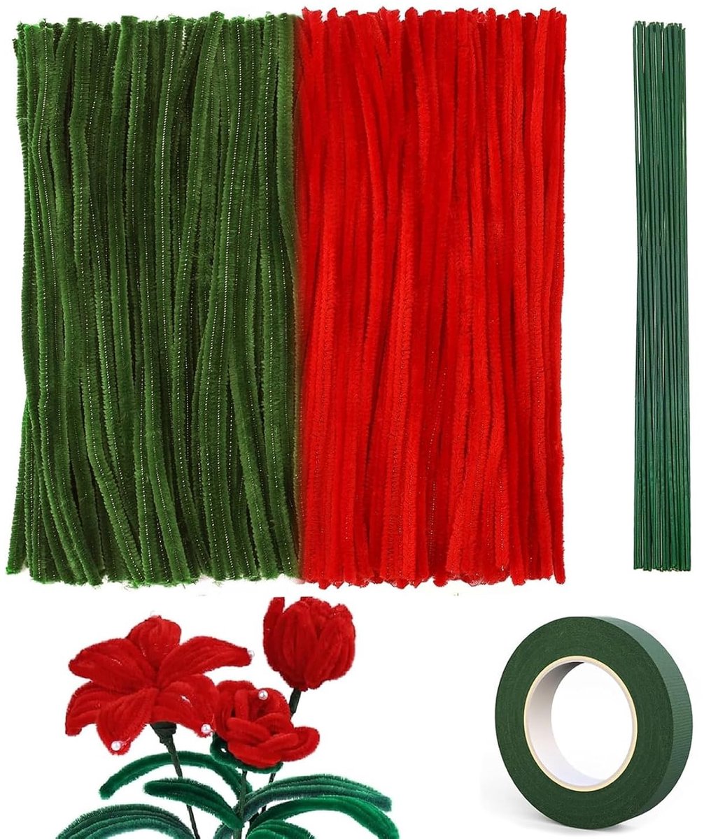 Set van 200 Pijpenragers in Meerkleurig, Ideaal voor Creatieve Knutselprojecten, Rozenboeketten en Decoraties met 30 Groene Draad en Lijmtape