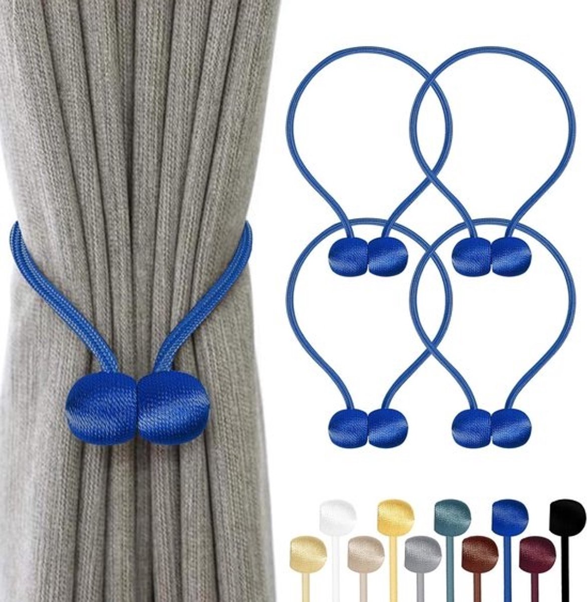 Magnetische gordijnhouders - Gordijnbinders - decoratie - Voor het strikken van gordijnen - Verstelbare lengte - 47 cm lang - Donkerblauw