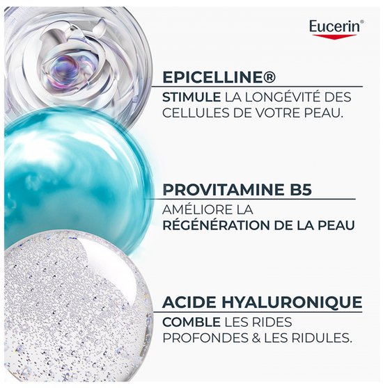 Close-up van glazen bollen met daarin ingrediënten: Epicelline, Provitamine B5, Hyaluronzuur.