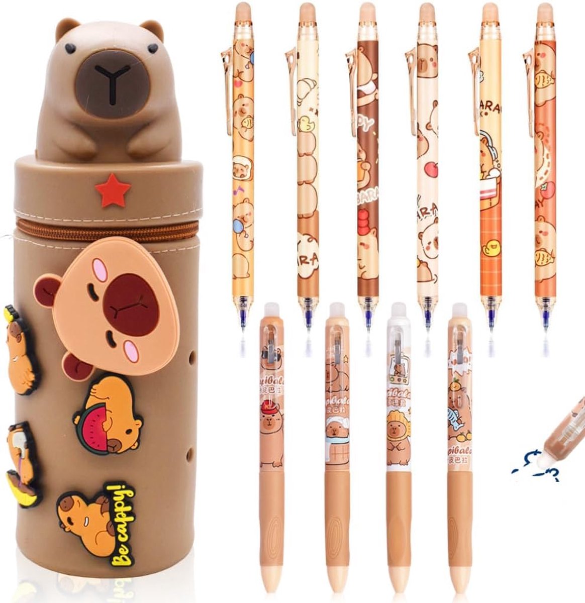 Kawaii Pencil Case for School 2 in 1 Soft Silicone + 10 Retractable Erasable Erasable Pens Table Pen Holder Zip Pen - ShopVlot