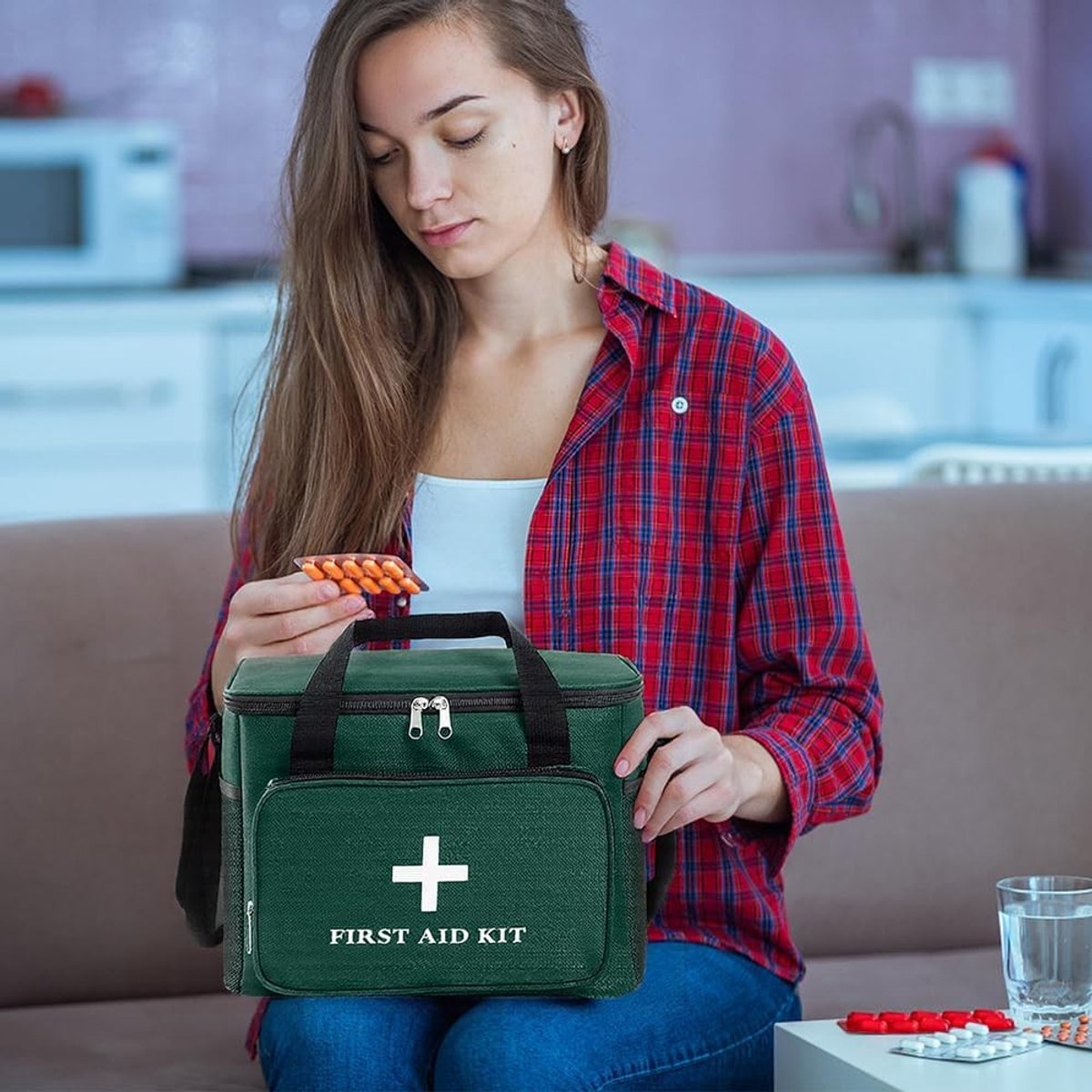 Medicijnendoos voor Reizen 14L XXL - Waterdichte Opbergdoos met Schouderband voor Thuis, School, Kamperen en Wandelen (Groen)