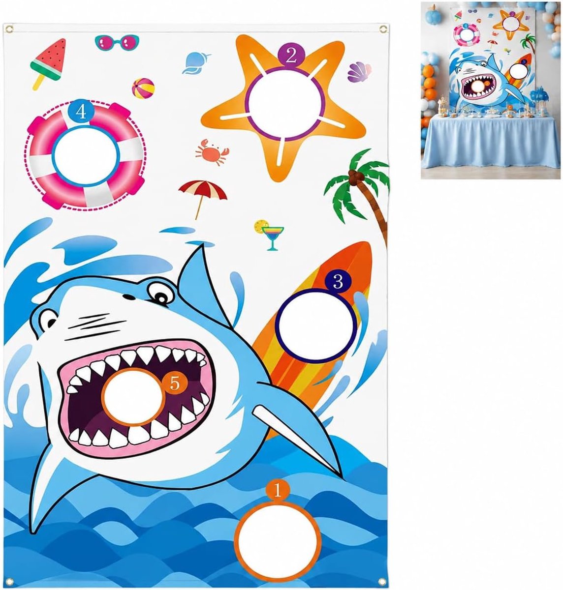 Achtergronddoek haaienmotief oceaan thema decoratie 135 x 75 cm stoffen banner feest decor achtergrond wanddecoratie - ShopVlot