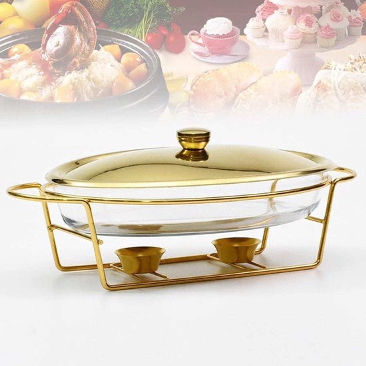 Voedselverwarmingscontainer - Buffetset - Presenteren op feesten - Gelijkmatige verwarming - 3L capaciteit - Goud