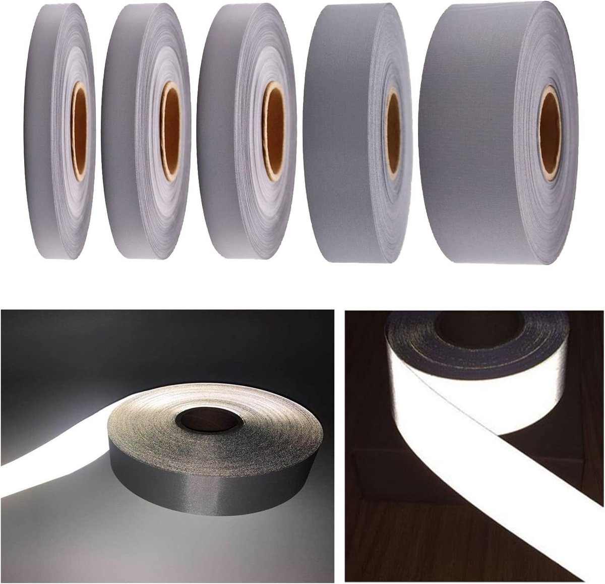 Reflecterende Stof Tape voor Veiligheid en DIY Projecten - 5 Rollen Zilvergrijs, 10-50mm Breed, 3 Meter Lang