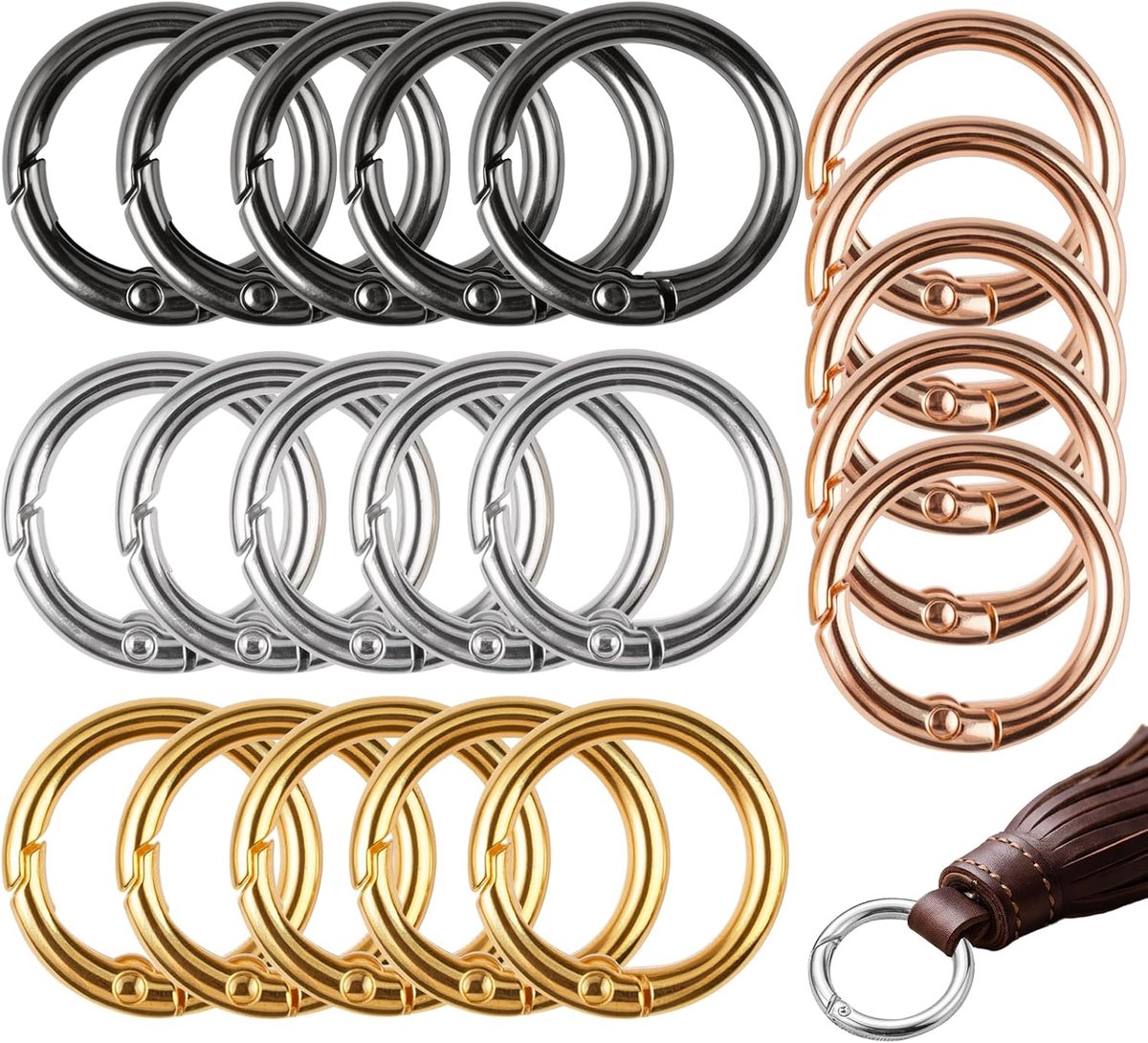 Ronde karabijnhaken sleutelhangers 26 mm - metalen ringen met veer - 20 stuks - ideaal voor sleutels - ShopVlot
