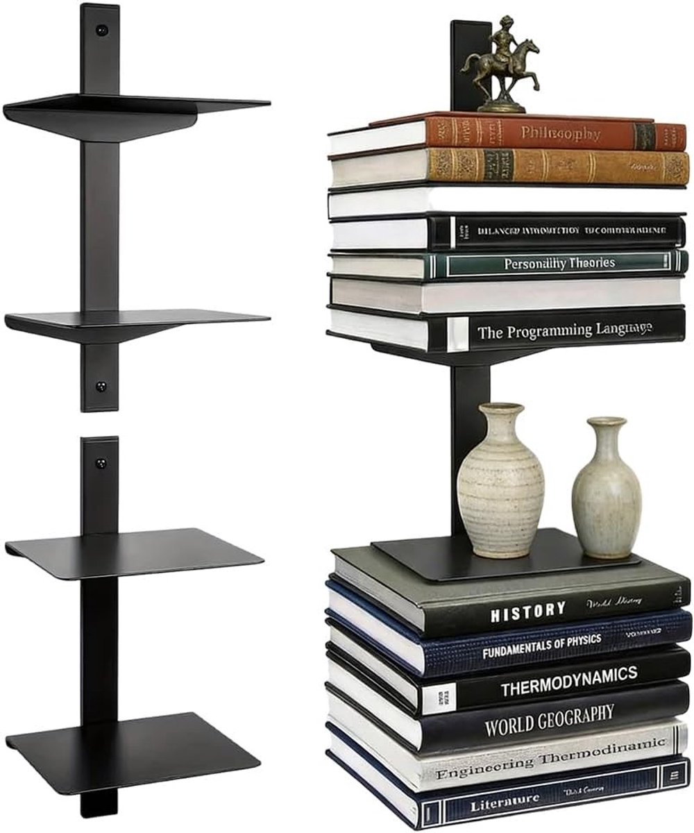 Verticale Boektoren met 4 Planken, Verborgen Wandplanken voor Slaapkamer en Thuiswerkplek, Set van 2 voor Stijlvolle Decoratie