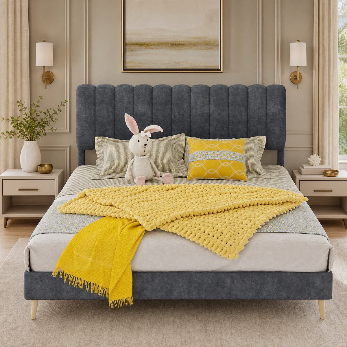 WUVRIE Gestoffeerd bedframe 140x200 cm met hoofdbord en lattenbodem, zonder matras, grijs