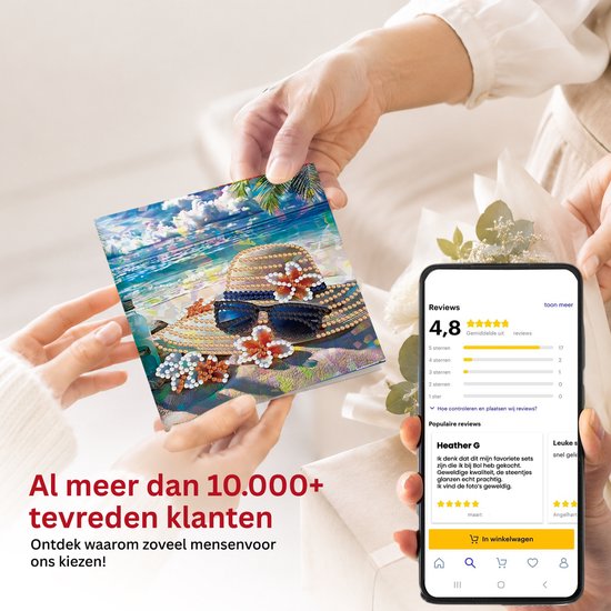 Een diamond painting kaart met hoed en zonnebril op het strand wordt vastgehouden, met mobiele telefoon en reviews.