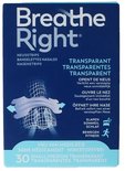 Breathe Right neusstrips, transparant, small/medium, 30 stuks. Verpakking met illustratie van neusstrips in een neus.