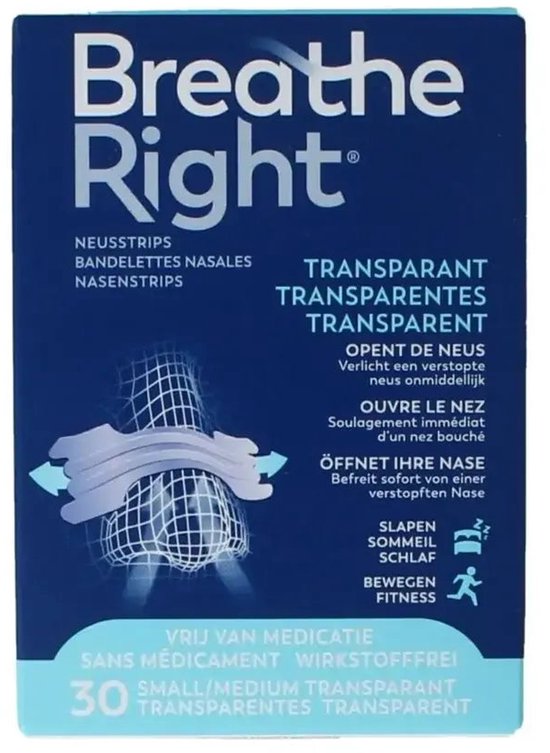Breathe Right neusstrips, transparant, small/medium, 30 stuks. Verpakking met illustratie van neusstrips in een neus.