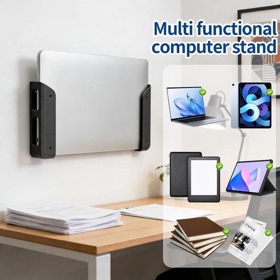 Ondersteuning voor Laptop Onder Tafel, Wandmontage met Oplaadopening, Universele Beugel voor Tafelmontage, Geschikt voor MacBooks en Tablets, Ruimtebesparend en Ergonomisch — afbeelding 3