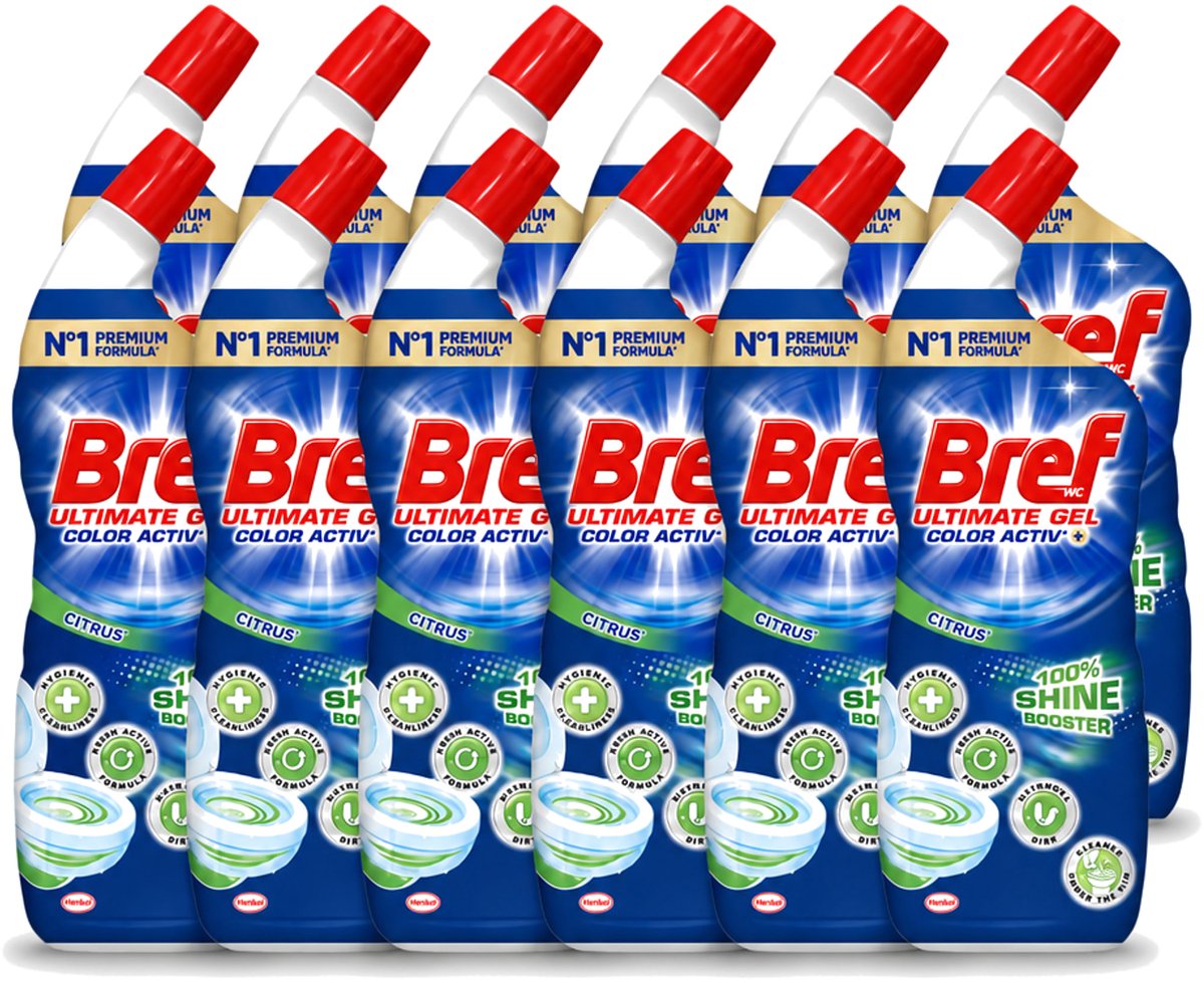 12 x Bref WC - Ultimate Gel Color Activ+ - Toiletreiniger - Citrus - 700 ml - Voordeelverpakking - 12 stuks