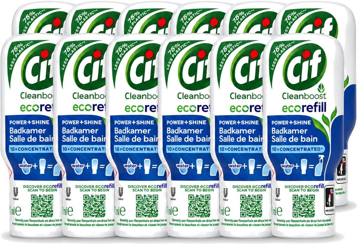 12 x Cif Eco Refill - Power & Shine - Badkamerreiniger - Spray - 70 ml - Voordeelverpakking - 12 stuks