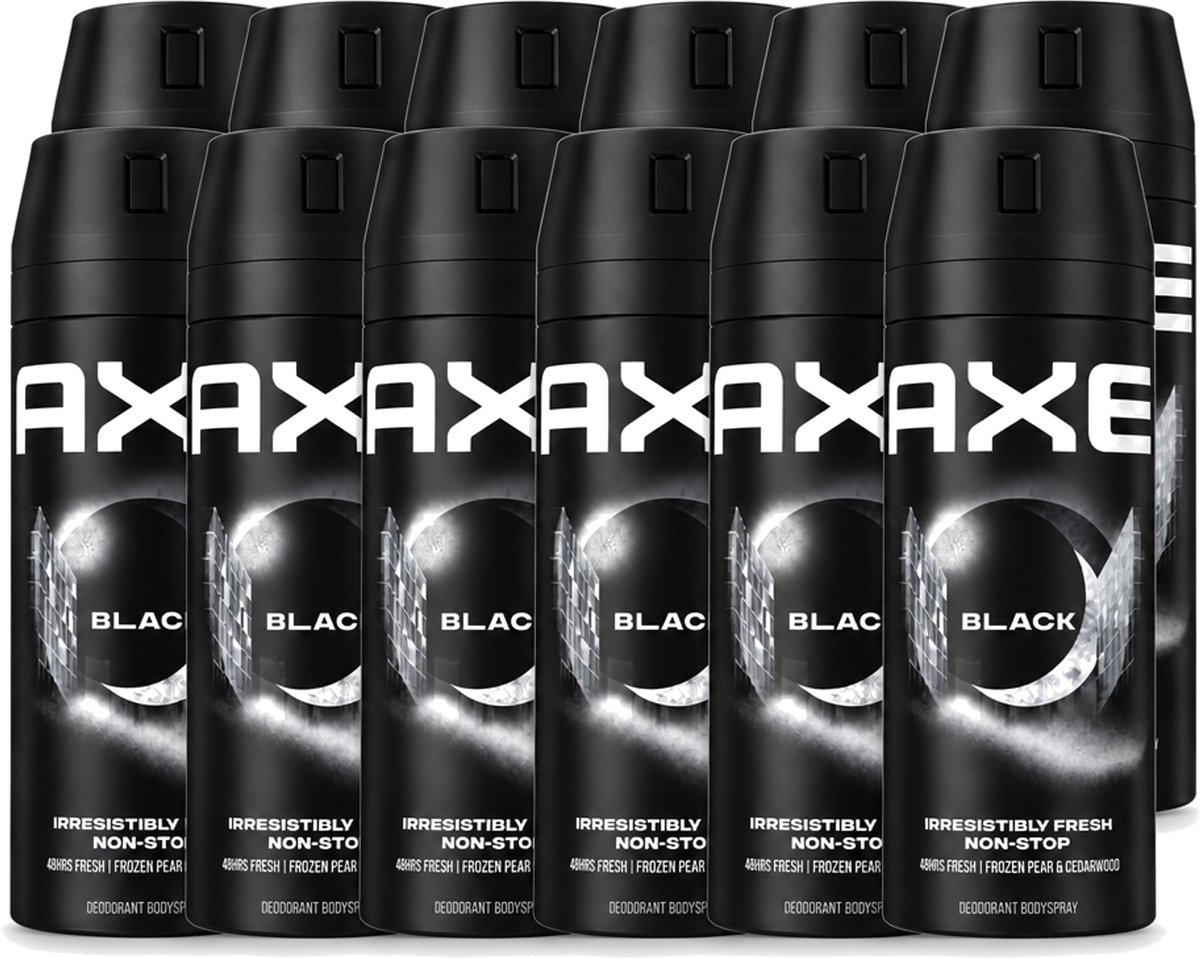12 x Axe - Deodorant Bodyspray - 48hrs Fresh - Black - Frozen Pear & Cedarwoord - 150 ml - Voordeelverpakking - 12 stuks