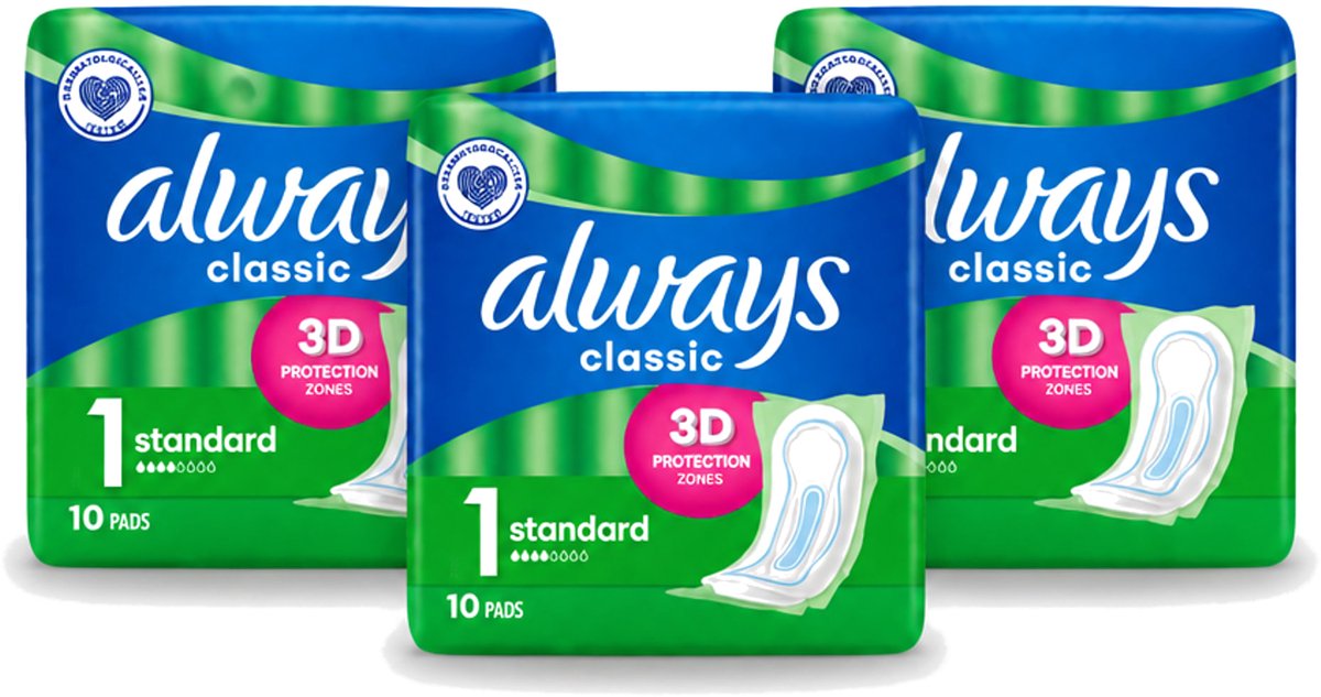 3 x Always Classic - Maandverband - Standaard - 3D Bescherming - 10 Maandverbandjes - Voordeelverpakking - 3 stuks