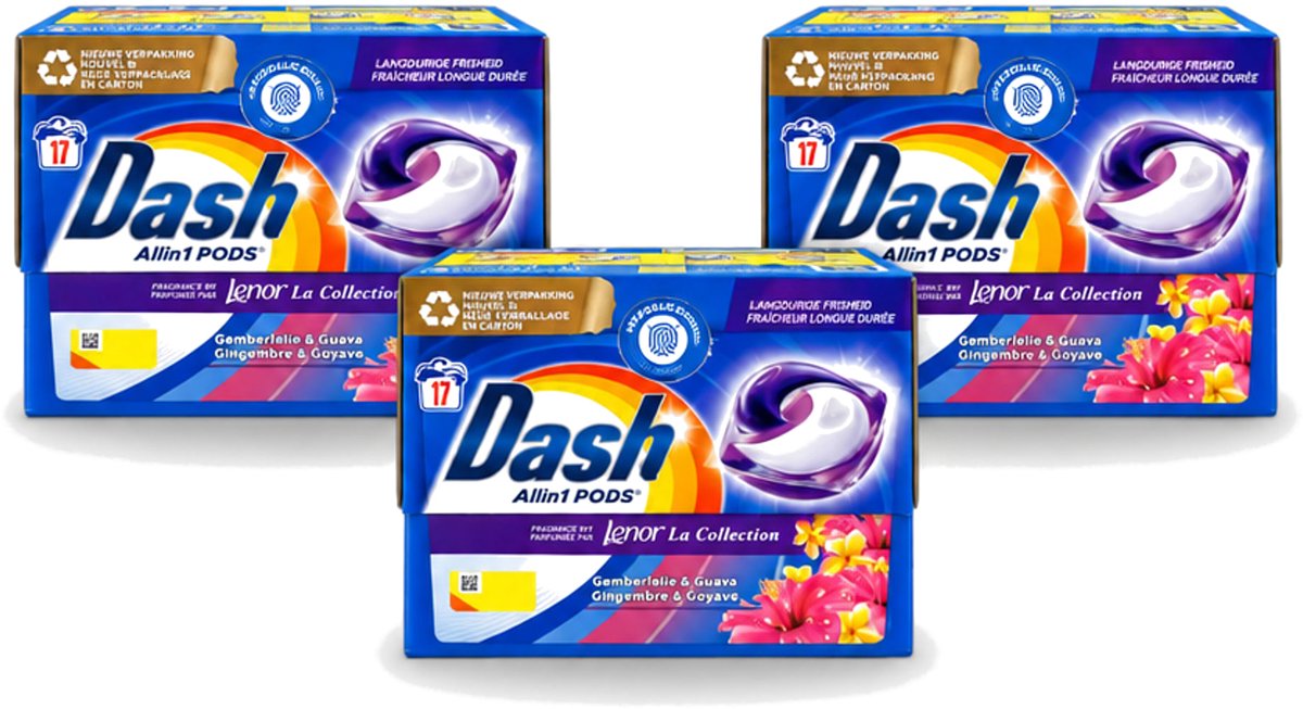 3 x Dash - Lenor Collectie - Wasmiddel Capsules - All-in-1 Pods - Witte en Gekleurde Was - Gemberlelie & Guava - 17 Wasbeurten - Voordeelverpakking - 3 stuks