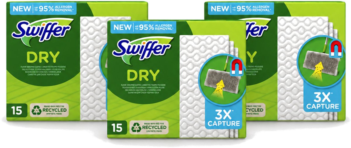 3 x Swiffer Dry - Vloerdoekjes - Navulling - Gerecyclede Fibers - 15 Doekjes - Voordeelverpakking - 3 stuks