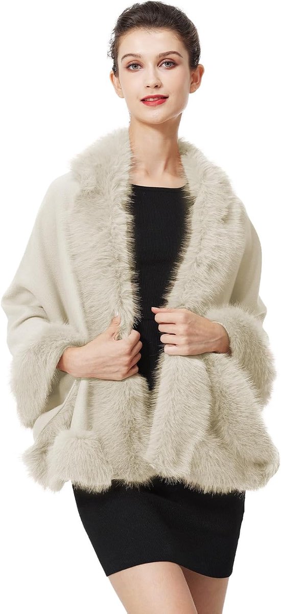 BEAUTELICATE Faux Fur Scarf Poncho with Fur Women Synthetic Fur Coat Faux Fur Stole Bolero Knitted Wool Coat Wedding - ShopVlot