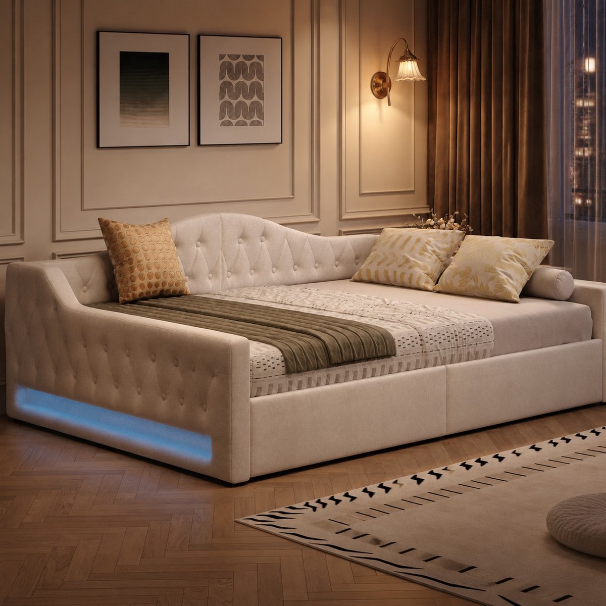 WUVRIE Bedbank 140x200 cm met ledverlichting, opbergruimte en lattenbodem, beige