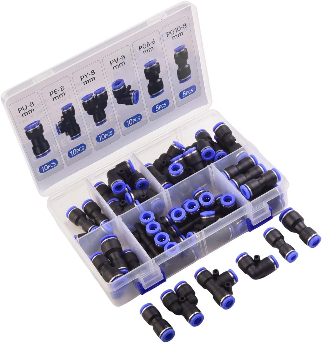 Set van 50 pneumatische push-in connectors 6 mm – Snelle koppelingen recht, Y, T, V en reducers 6-4/8-6 voor PU/PA/PE/PVC slangen – Ideaal voor werkplaats, irrigatie en campers, veelzijdig en betrouwbaar