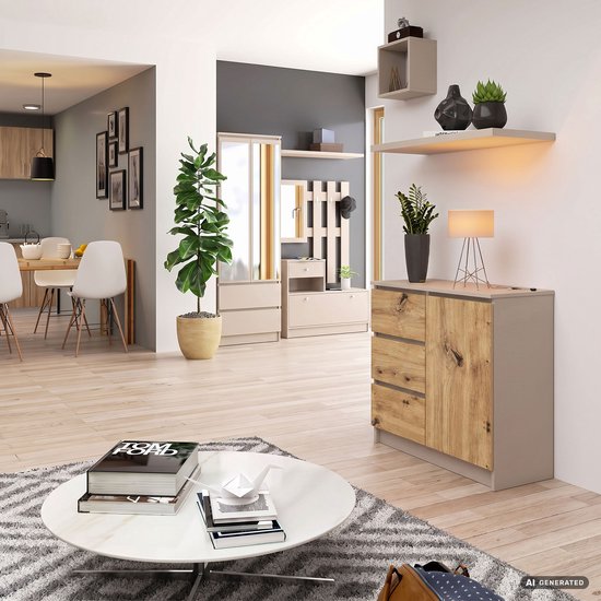 Woonkamer met een taupe dressoir met 3 lades en 1 Artisan eiken deur.
