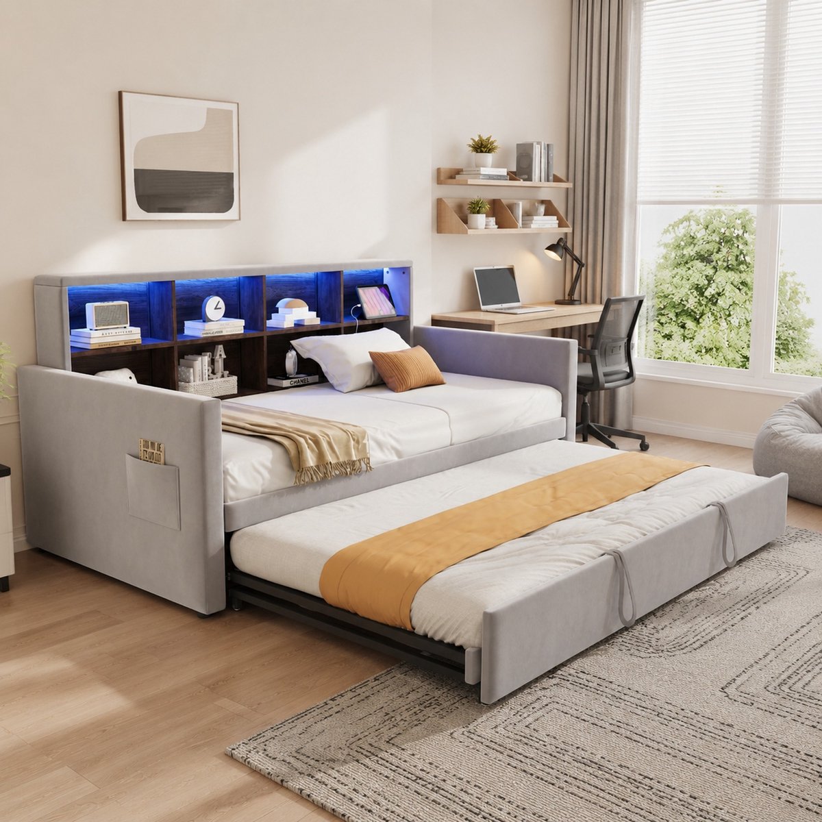 WUVRIE Slaapbank 90x190 cm met uitschuifbed, opbergvakken, LED en laadpoorten, fluweel, lichtgrijs