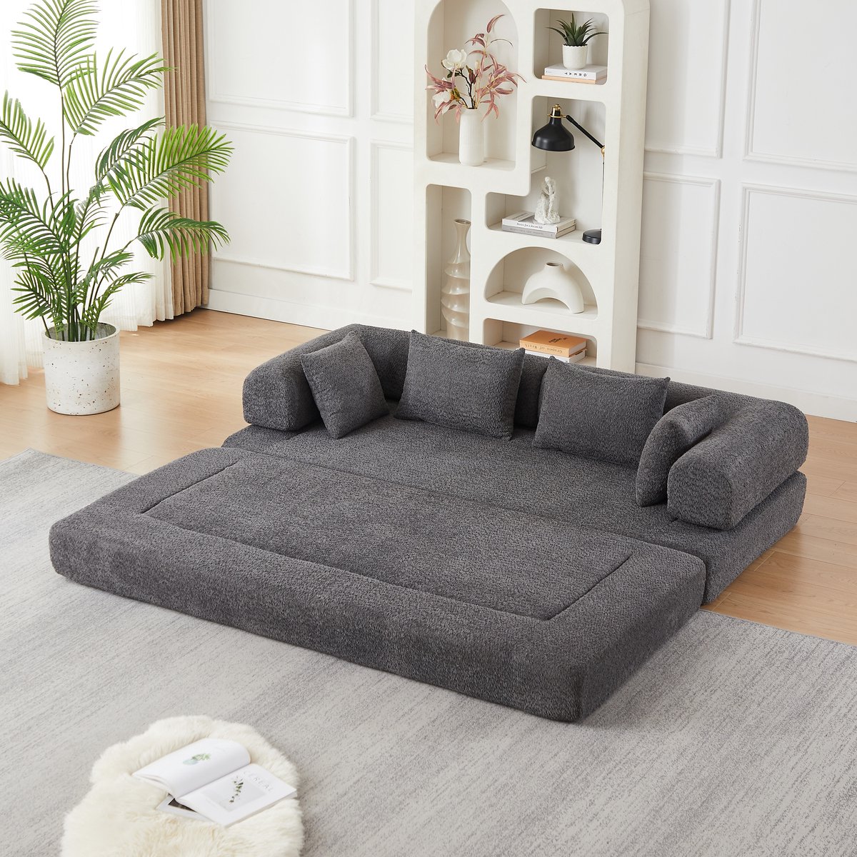 OKWISH Slaapbank 200 x 95 cm - Vier-in-Een Modulair Ontwerp Met Verstelbare Rugleuning En Vier Kussens - Chenille - Grijs