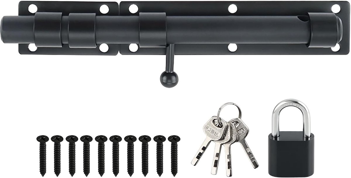 Veilige Deurslot met Hangslot - Zware Sliding Deurslot van RVS SUS304, Mat Zwart, 230mm Lengte, Ideaal voor Buitengebruik en Extra Beveiliging