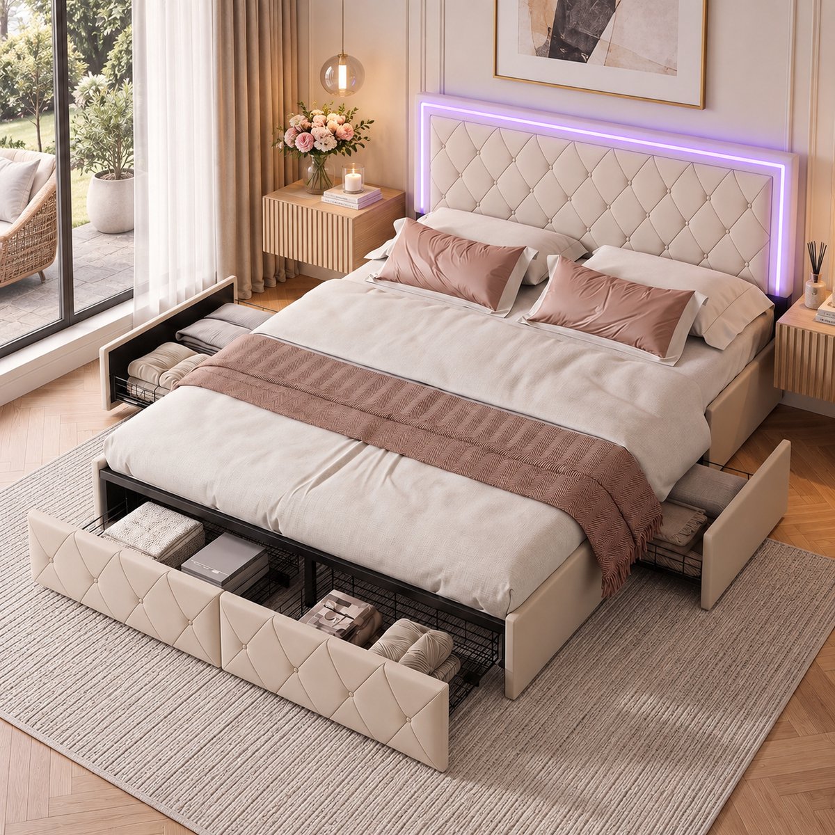 MEXUS Gestoffeerd bed 140x200 cm met LED-verlichting, Tweepersoonsbed met 4 opberglades, bedframe met lattenbodem, 2-persoonsbed, matras niet inbegrepen, PU, ​​wit