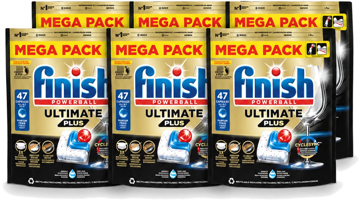 6 x Finish - Vaatwasmiddel - Ultimate Plus All in One Regular - Krachtige Alles-in-1 Reiniging - 47 capsules - Voordeelverpakking - 6 stuks