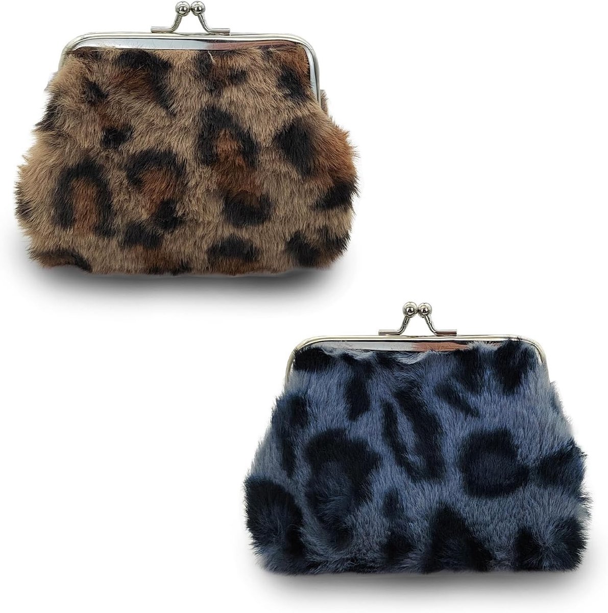 2 Stuks Pluche Muntzakken van 10 cm, Verandertas voor Vrouwen en Meisjes, Mini Handtas met Kussenslot en Luipaardpatroon, Ideaal voor Sleutels en Kleine Spullen