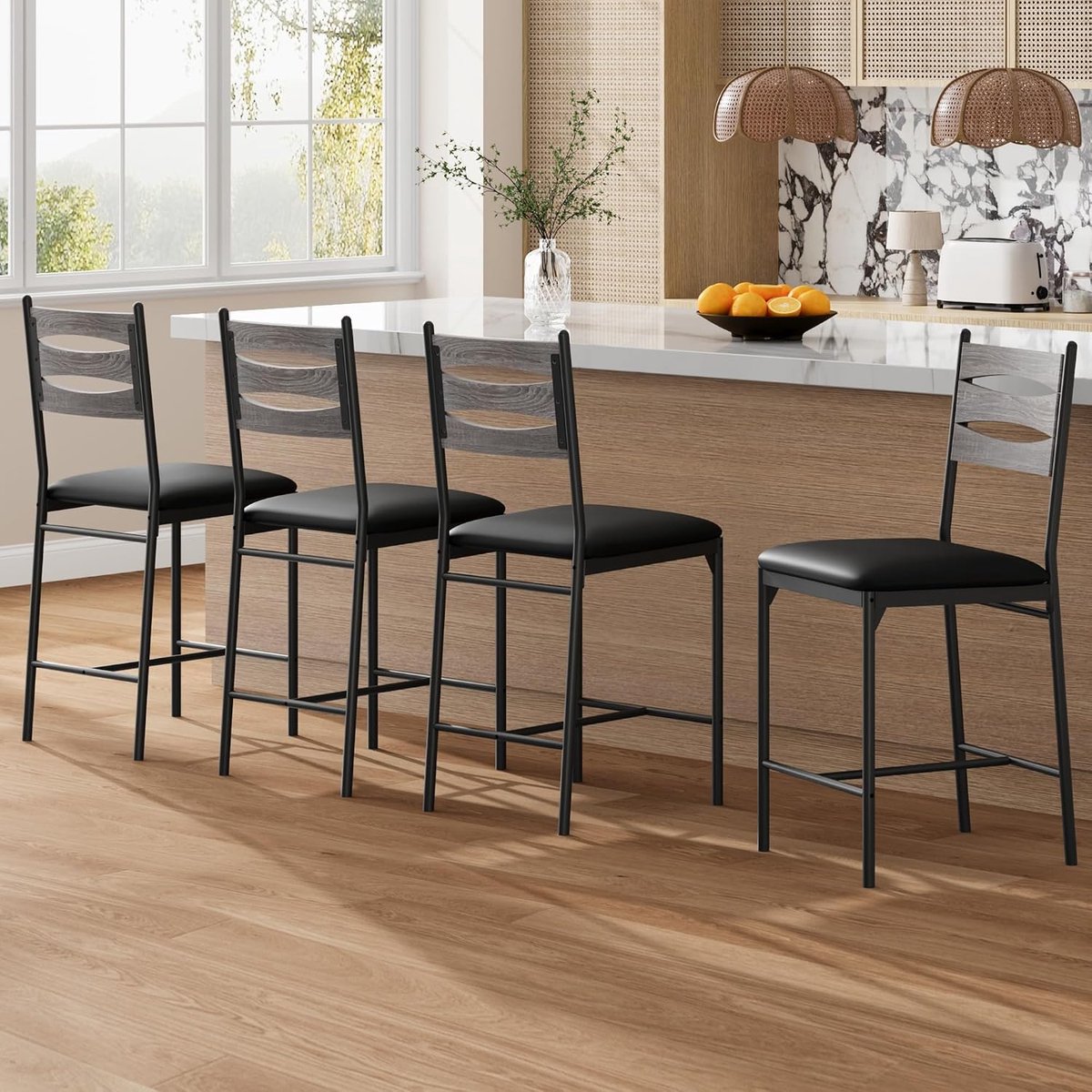 Barkrukken Set van 4 - 56 cm Barstoelen met Hoge Rugleuning Grijs