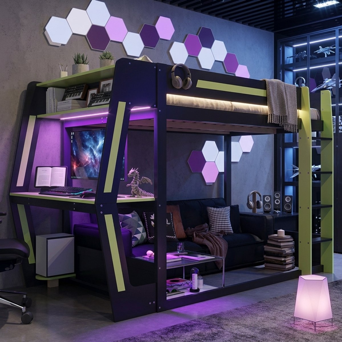 MIVRAY Halfhoogslaper 120 x 200 cm - Met Bureau, PC-Vak, Opbergruimte en Ledverlichting - Voor Gamekamer - Hout en MDF - Zwart en Groen - Zonder Matras