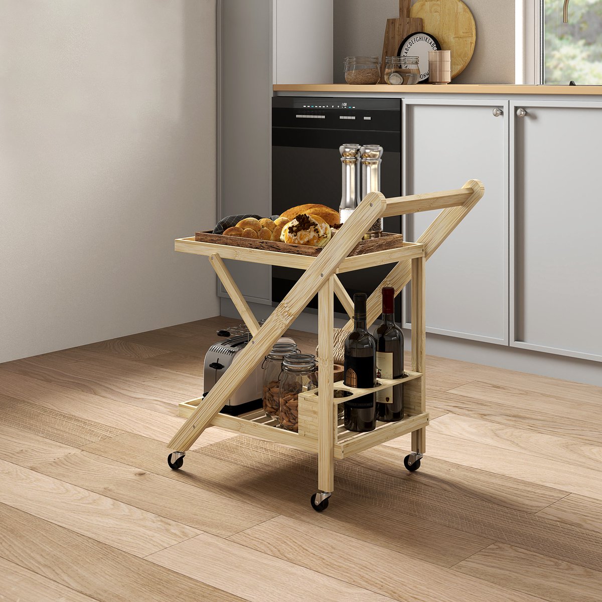 MODENUIT Keukenwagen – Opklapbaar Wijnrek – 66 x 40 x 70 cm – Bamboe – Natuurkleur – Vier Wielen met Twee Remmen Natuurlijk hout