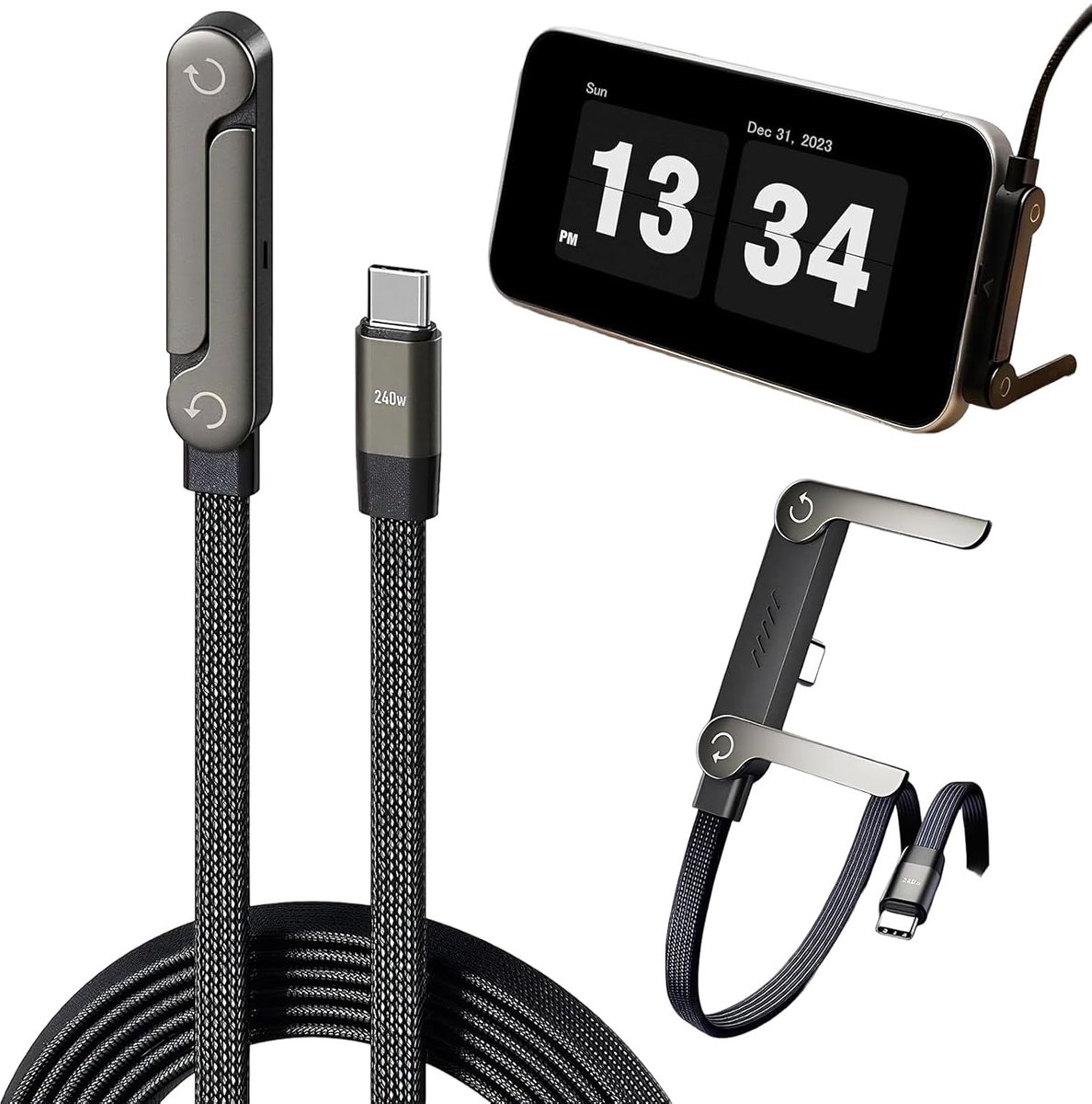 Oplaadkabel 2 in 1 met houder - 240 W gevlochten - 1,5 m multifunctioneel - ideaal voor smartphone en tablet - ShopVlot