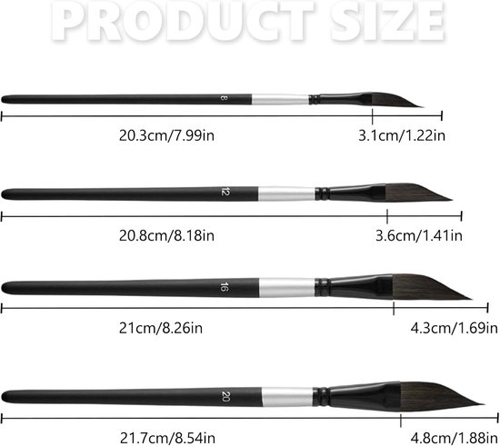 Set van 4 dolkpenselen, aquarelpenselen, gestreept, voor acryl, olie, kunstenaar, multifunctioneel, zwart — afbeelding 2