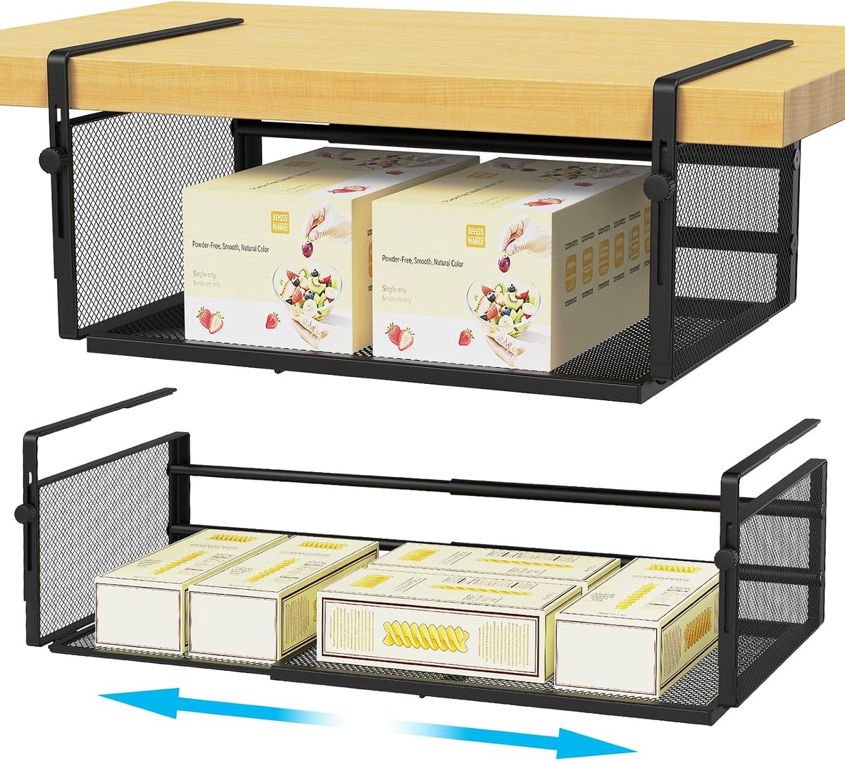 2 stuks opbergmand voor onderrek, hangmand, metaal, lengte rekbaar, 38-57,5 cm, hangmand, rek onder kast, hangmand voor keuken, kantoor, eetkamer, badkamer, kast (zwart)